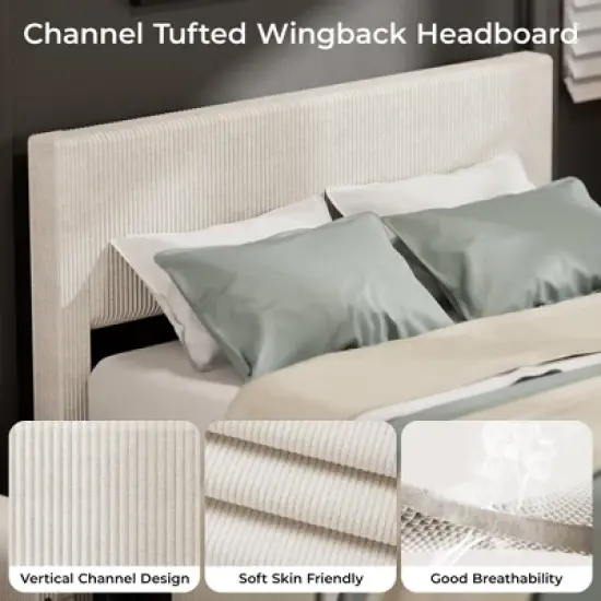 Bed Frame with Tall Tufted Wingback Headboard, Platform Velvet Upholstered Full Bed Frame with 4 Storage Drawers and Wooden image {4}