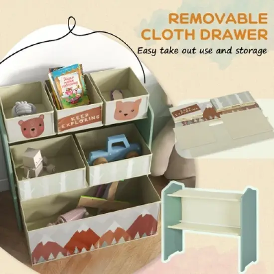 Qaba Kids Toy Organizer and Kids Easel Set with 6 Storage Bins, Paper Roll, Blackboard, Whiteboard, Cute Bear Design, for Ages 3-8 Years, Green image {4}