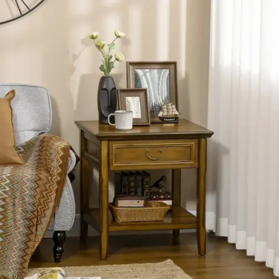 HOMCOM Vintage Side Table for Living Room or Bedroom Storage End Table with Antique Handle Drawer & Shelf, Wooden Side Table, Set of 2, Dark Coffee image {2}