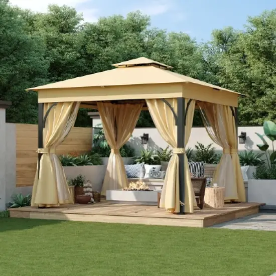 Patio Metal Gazebo with Double Roof and Netting,Outdoor Patio Hardtop Gazebo with Curtains,Patio Canopy for Garden,Deck-Coolbibila image {7}