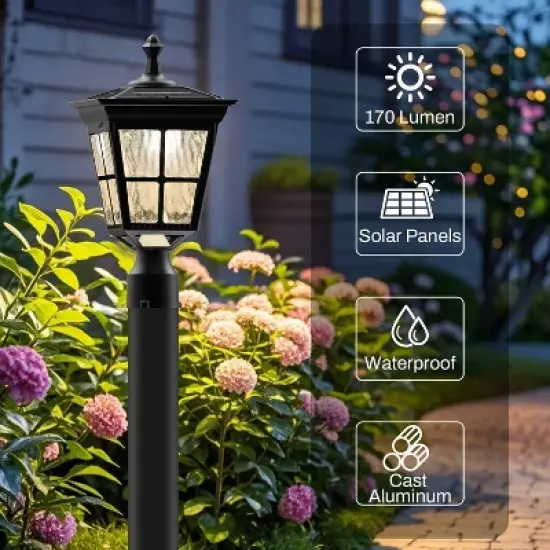 18 in. Black Outdoor Frozen Ice Glass Solar Post Light with Pier Mount Base image {3}