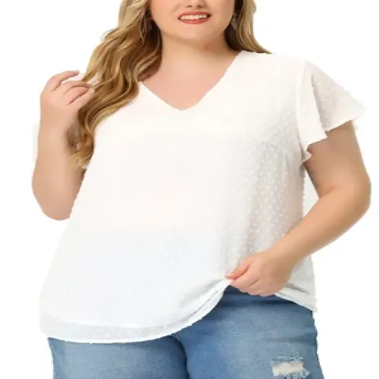 Agnes Orinda Plus Size Blouses for Women Tired Flare Sleeve V Neck Swiss Dots Tops image {7}