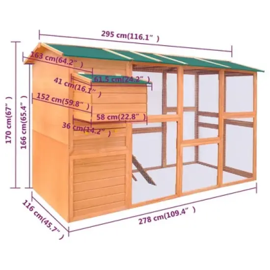 vidaXL Durable Pinewood Chicken Coop with Spacious Design, Sheltered Areas, and Nest Box - Brown 116"x64.2"x67" image {8}