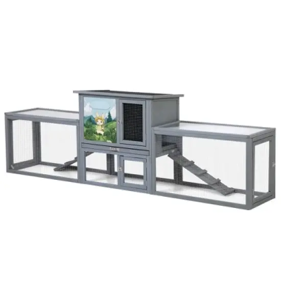 SEVOBAL Pet Crates and Houses Large 2 Story Outdoor Rabbit Hutch Dual Runs Resting Room Sun Roof Pull Out Tray for Patio, Gray, 94.5"*18.9"*31.1" image {5}