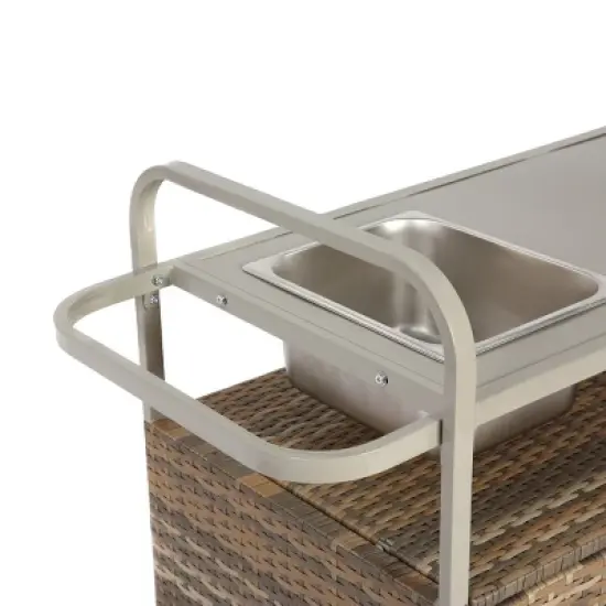 Wicker Outdoor Bar Serving Cart,Wicker Bar Cart With Cabinet,Lockable Wheels,Steel Frame Rolling Cart For Garden Backyard-Coolbibila image {6}