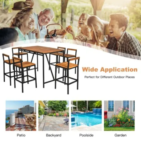 Tangkula 7PCS Patio Rattan Bar Set with Umbrella Hole Wood High-Dining Bistro Set with 6 Bar Stools for Poolside&Garden image {5}