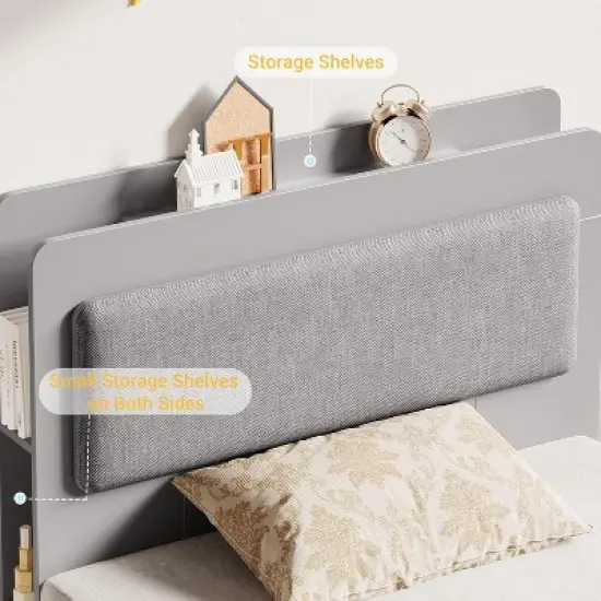 Twin Bed Frame with Upholstered Headboard and Storage &ndash; Wooden Platform Bed with 2 Drawers and 4 Open Shelves, Easy Assembly, Noise-Free, Grey image {6}