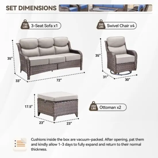 Gymojoy 7 Pieces Outdoor Patio Sofa Ottoman with Swivel Chairs Table image {1}