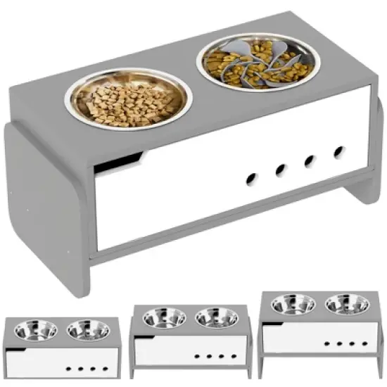 PawHut 3 Height Adjustable Elevated Dog Bowls, Raised Dog Bowls with Slow Feeder Mat, Stainless Steel Bowls, for Medium to Extra Large Dogs image {6}