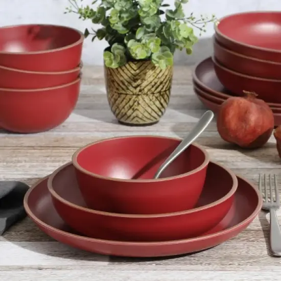 Gibson Home Rockabye 12 Piece Double Bowl Malemine Dinnerware Set in Red image {1}