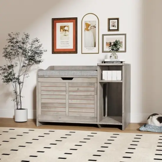 COZONY Cat Litter Box Enclosure Furniture with Flip Top, Hidden Kitty Washroom Bench with Cushion & Air Vents, Entryway Shoe Cabinet Cat House image {9}