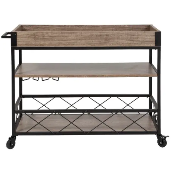 Merrick Lane Rolling Kitchen Serving and Bar Cart with Shelves and Wine Glass Holders in Distressed Light Oak Wood and Black Iron image {2}