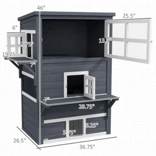 Gulches PawHut 3-Story Cat House Feral Cat Shelter, Outdoor Kitten Condo Jumping Platforms, Dark Gray image {5}