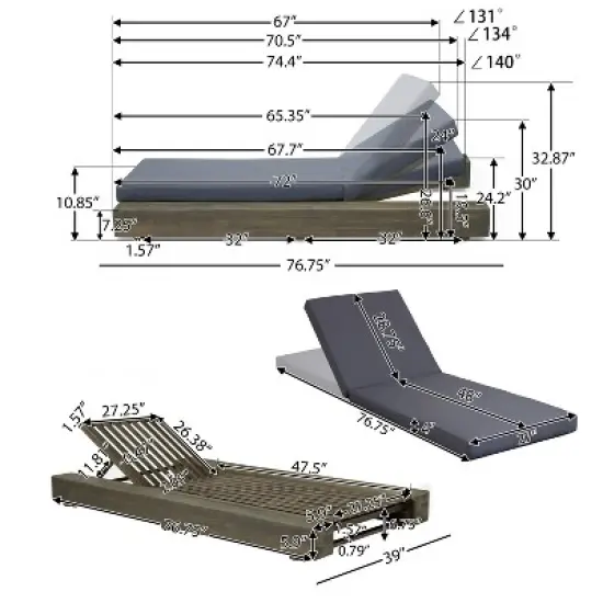 GDFStudio Alhambra Outdoor Acacia Wood Armless Adjustable Chaise Lounges with Cushion (Set of 2) image {2}