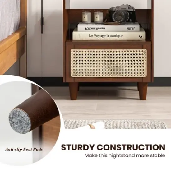 Tangkula Bamboo Rattan Nightstand Boho Bedside End Table w/ Drawer & Wood Legs image {6}