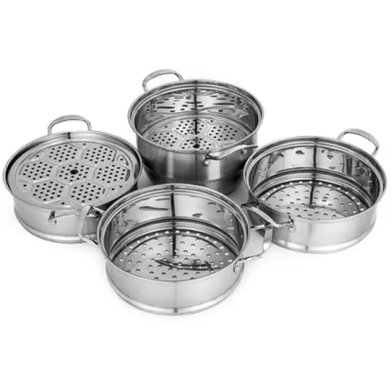VEVOR Steamer Pot 11.8in/30cm, 5 Tier Steamer Pot for Cooking with 10QT Stock Pot, 3 Vegetable Steamers & 2 Steaming Trays, Silver image {8}
