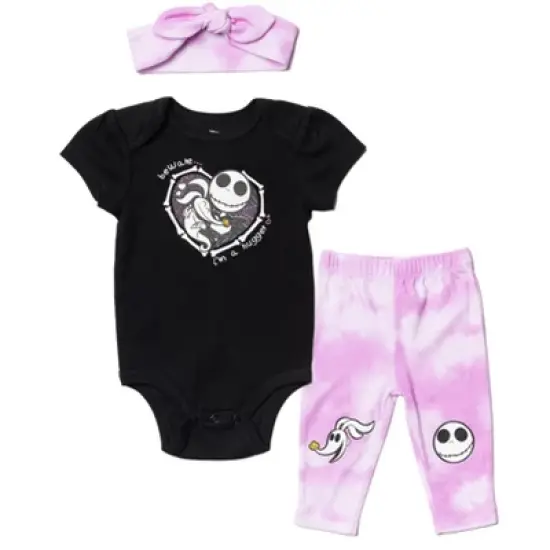 Disney Nightmare Before Christmas Zero Sally Jack Skellington Baby Girls Bodysuit Pants and Headband 3 Piece Outfit Set Newborn to Infant  image {9}