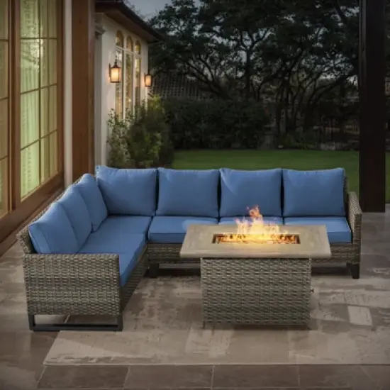 POCASSY All Weather Gray Wicker Outdoor Sectional Sofa with Fire Pit Table, 4PCS Patio Furniture Set with 41" Propane Firepit Table for Outside image {13}