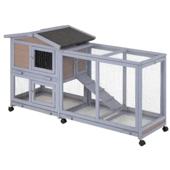 FDW Wood Rabbit Hutch Rabbit Cage Bunny Hutch Rolling Large Bunny Cage Indoor Outdoor Two Story Guinea Pig Hutch Rabbit House with Wheels, Grey image {7}