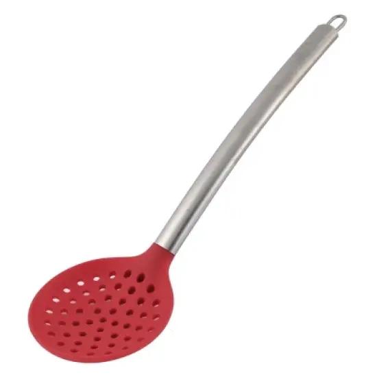 Unique Bargains Silicone Covering Head Stainless Steel Handle Slotted Spoon Ladle Silver Tone Red 1 Pc image {3}