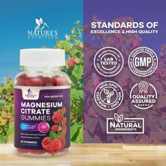Magnesium Gummies Supplement - High Absorption Magnesium Citrate Supplement Adults & Kids, Calm Magnesio Gummy - 60 Gummies By Nature's Nutrition image {3}