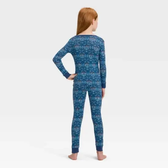 Kids' Hanukkah Ribbed Long Sleeve Shirt and Pants Holiday Matching Family Pajama Set - Wondershop&trade; Blue image {1}
