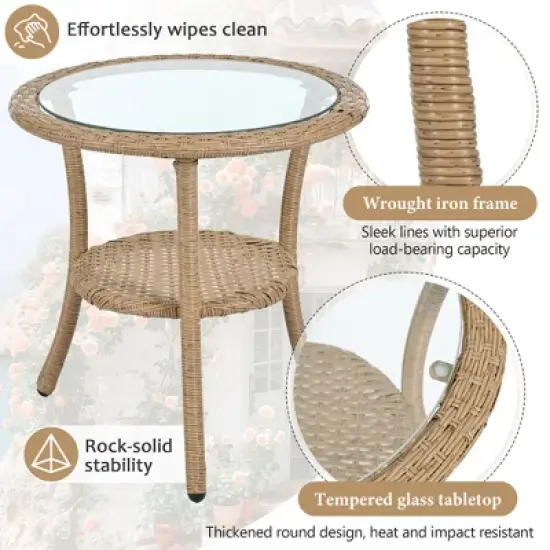 FIONECA 3-Piece Outdoor Leisure Set with 2 Rattan Chairs and Round Glass Table for Patio, Balcony, or Courtyard image {5}