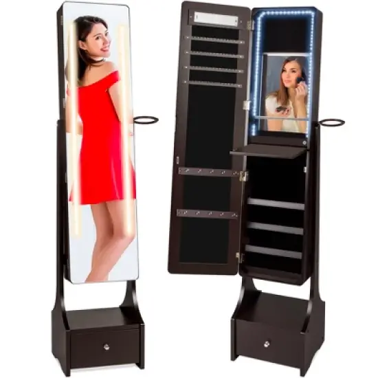 Best Choice Products Full Length LED Mirrored Jewelry Storage Organizer Cabinet w/ Interior & Exterior Lights image {9}