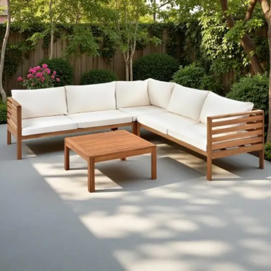 4-Pieces Outdoor Acacia Wood L-Shaped Sectional Sofa Set with Coffee Table image {13}