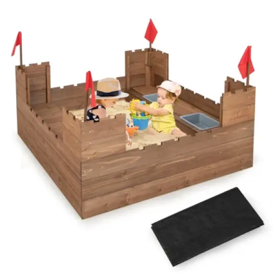 Costway Solid Wood Kids Sandbox w/ 2 Bench Seats, Outdoor Sandpit w/ Storage Box & Flags image {10}