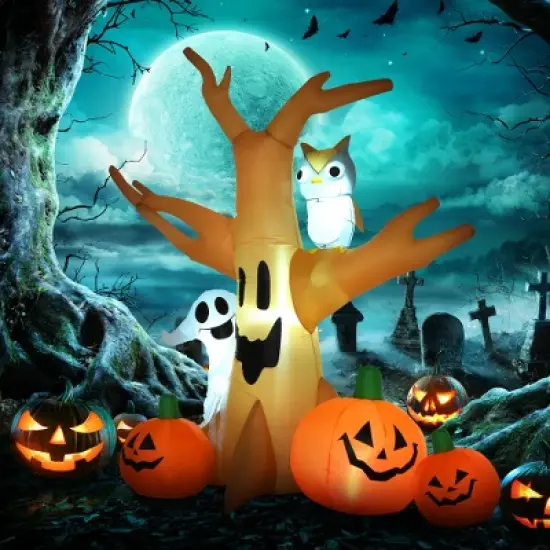 Hachikiko 7.5' Tall Halloween Inflatable Haunted Tree Outdoor Decor, Spooky Ghost, Owl & Pumpkins, Blow Up Yard Decoration image {1}