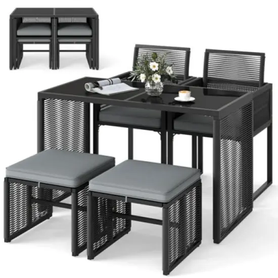 Costway 5 PCS&nbsp;PE&nbsp;Wicker&nbsp;Patio&nbsp;Dining&nbsp;Set Outdoor Conversation Set with Cushions image {9}
