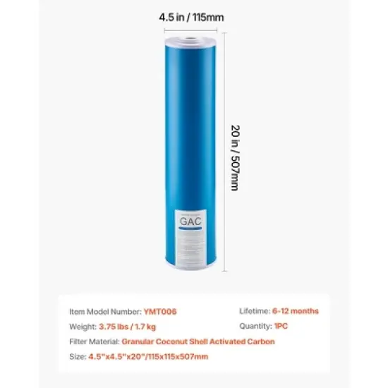 VEVOR Whole House Water Filter Replacement Cartridge, 4.5" x 20" GAC Activated Carbon, Replacement Filter for Whole Home Water Filtration, Blue image {7}