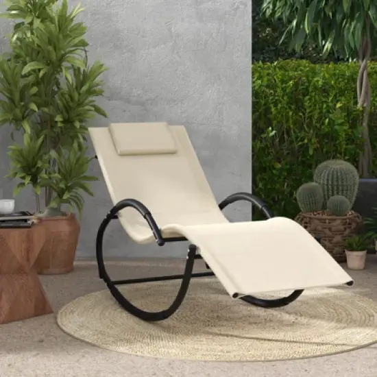 Costway 1/2 PCS Outdoor Rocking Lounge Chair with Removable Headrest Breathable Backrest & Seat Beige image {1}