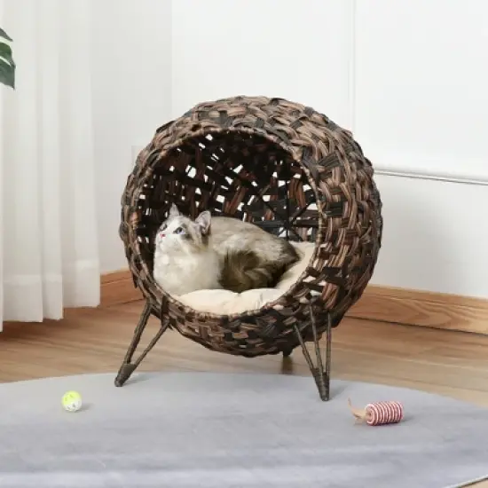 PawHut 20.5" Rattan Cat Bed, Elevated Wicker Kitten House Round Condo with Cushion image {2}