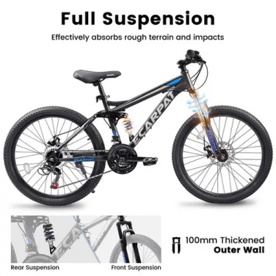 Mountain Bike 24 Inch, 21-Speed Full Suspension Trail Bicycles, High Carbon Steel Frame Disc Brakes Grip Shifter Front Fork Rear Shock Absorber image {2}