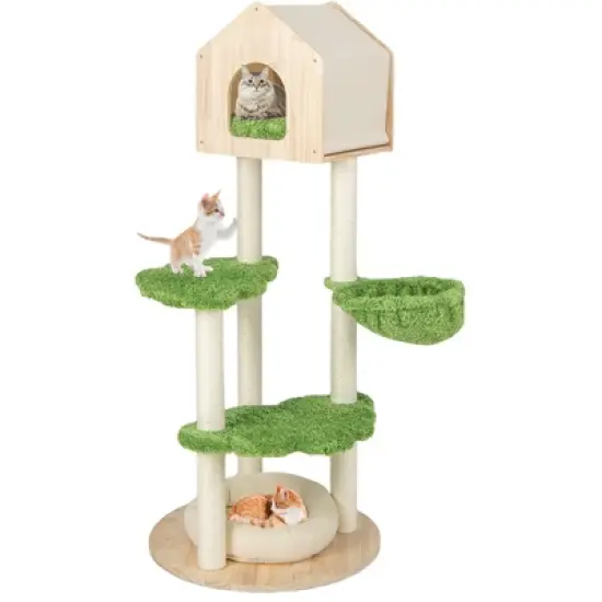 Tangkula Wooden Cat Tree 55" Tall Cat Climbing Stand w/ Sisal Scratching Posts Green image {10}