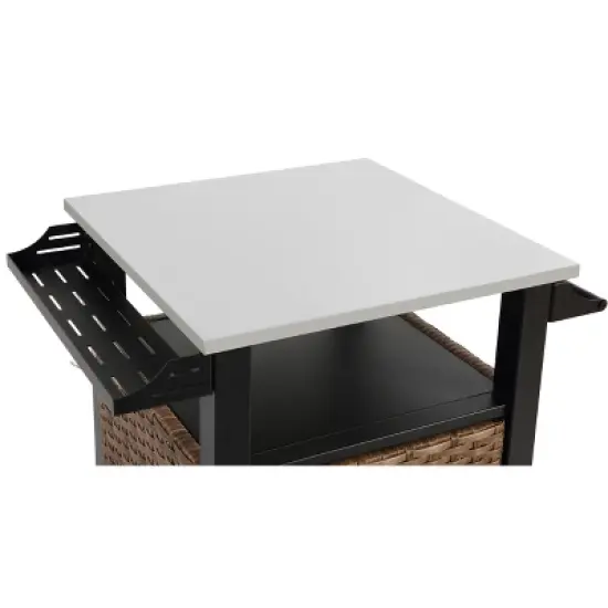 Outdoor Kitchen Wicker Island Rolling Cart & Storage Cabinet, Wheels and Stainless Steel Extended Table Top Brown image {4}