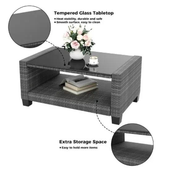 Garvee 5 Pieces Patio Furniture Sets All Weather Outdoor Sectional Patio Sofa, Wicker Rattan Patio Seating Sofas with Cushion and Glass Table, Gray image {7}