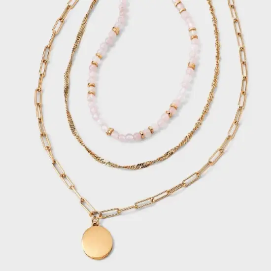 Rose Quartz and Medallion Charm Beaded Necklace - Universal Thread&trade; Gold image {4}