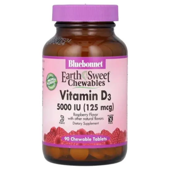 Bluebonnet Nutrition Vitamin D3, Raspberry, 5,000 IU (125 mcg), 90 Chewable Tablets image {4}
