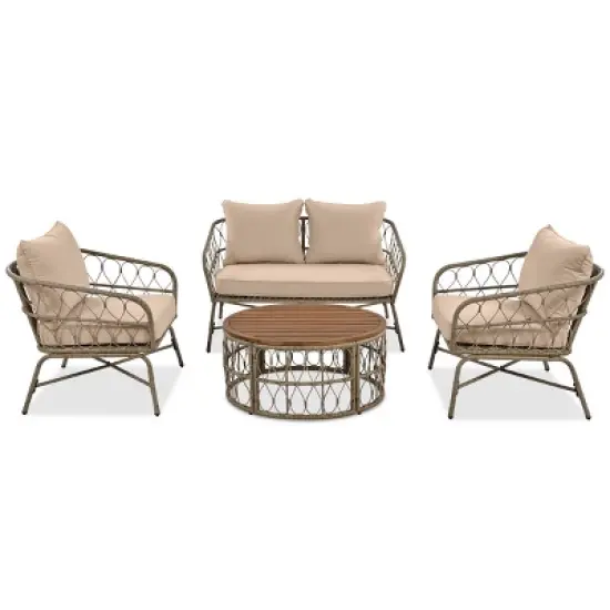 4-Piece Patio Sofa Set, Outdoor Bohemian Wicker Conversation Set with Beige Removable Cushions and Wood Tabletop-Maison Boucle image {1}