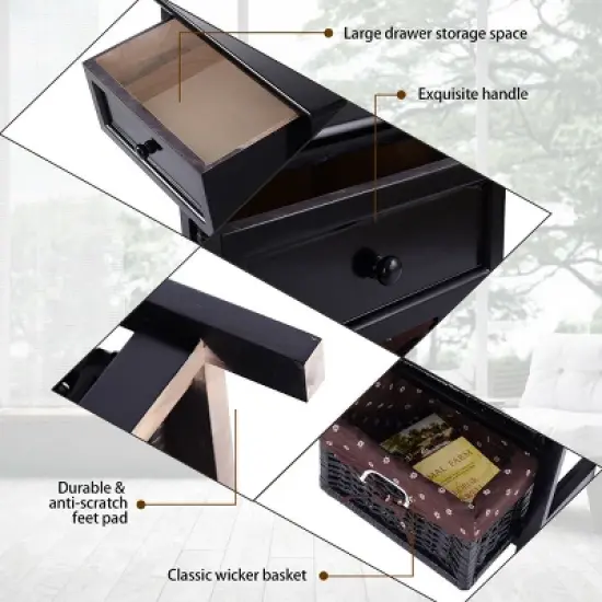 Costway Black Night Stand 3 Tiers 1 Drawer Bedside End Table Organizer Wood W/2 Baskets image {3}