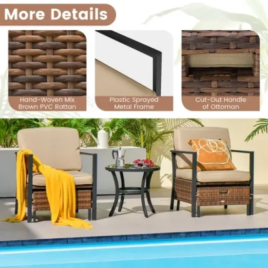 Costway 5PCS Patio Wicker Conversation Set Space Saving Cushions Chairs with Ottomans Table image {8}