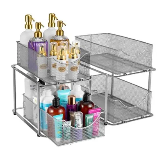 Sorbus 2 Pack 2 Tier Baskets with Mesh Sliding Drawers - Ideal Cabinet, Under the Sink, etc - Great for Bathroom, Kitchen, Office, etc. image {10}