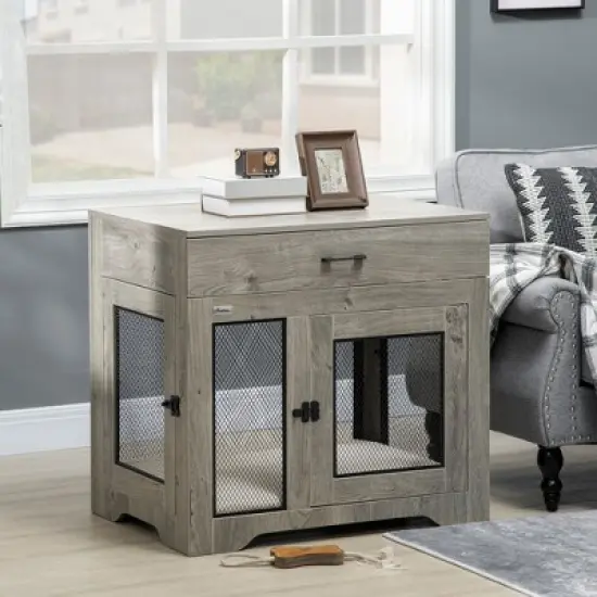 PawHut Dog Crate Furniture with Soft Water-Resistant Cushion, Dog Crate End Table with Drawer, Puppy Crate for Small Dogs Indoor with 2 Doors image {1}
