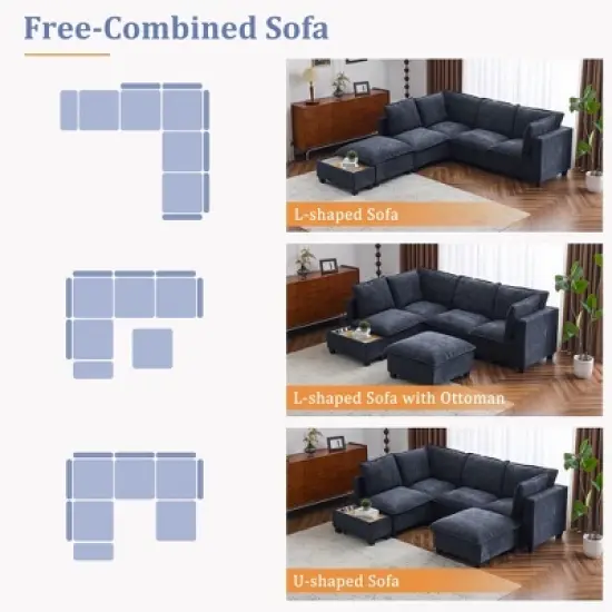 Whisen 90" U-shaped Sectional Sofa Modular Sofa Couch with a Movable Ottoman , a Coffee Table with Hidden Charging Devices image {2}