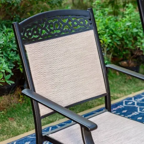 7pc Outdoor Dining Dining Set with Metal Slat Top Table & Cast Aluminum Chairs - Captiva Designs image {12}