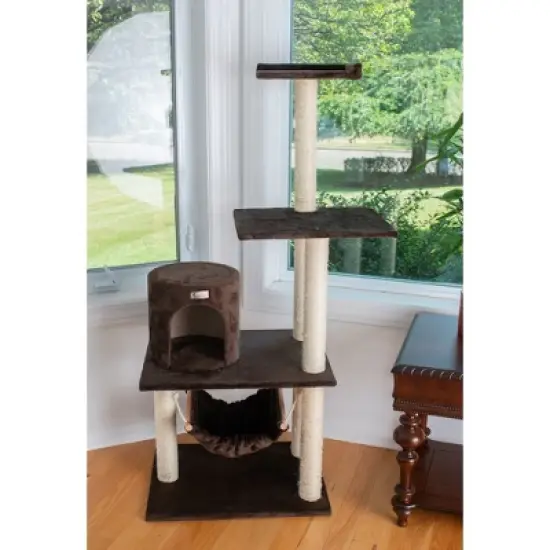 GleePet GP78590223 59-Inch Real Wood Cat Tree In Coffee Brown With Condo And Hammock image {2}