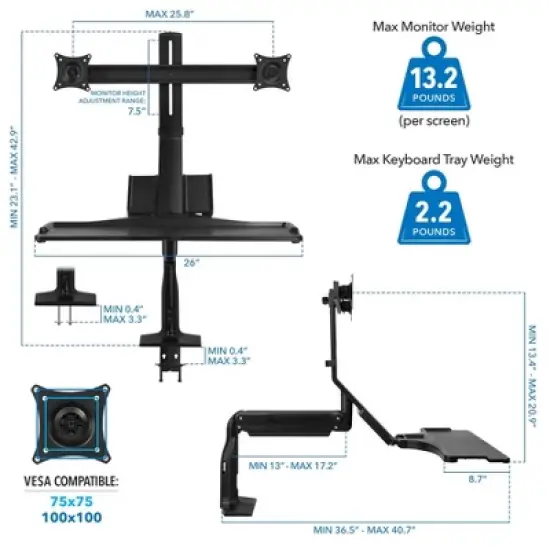 Mount-It! Height Adjustable Dual Monitor Sit Stand Desk Converter with Gas Spring Arm | 2 Integrated USB 3.0 Ports | C-Clamp and Grommet Base image {3}